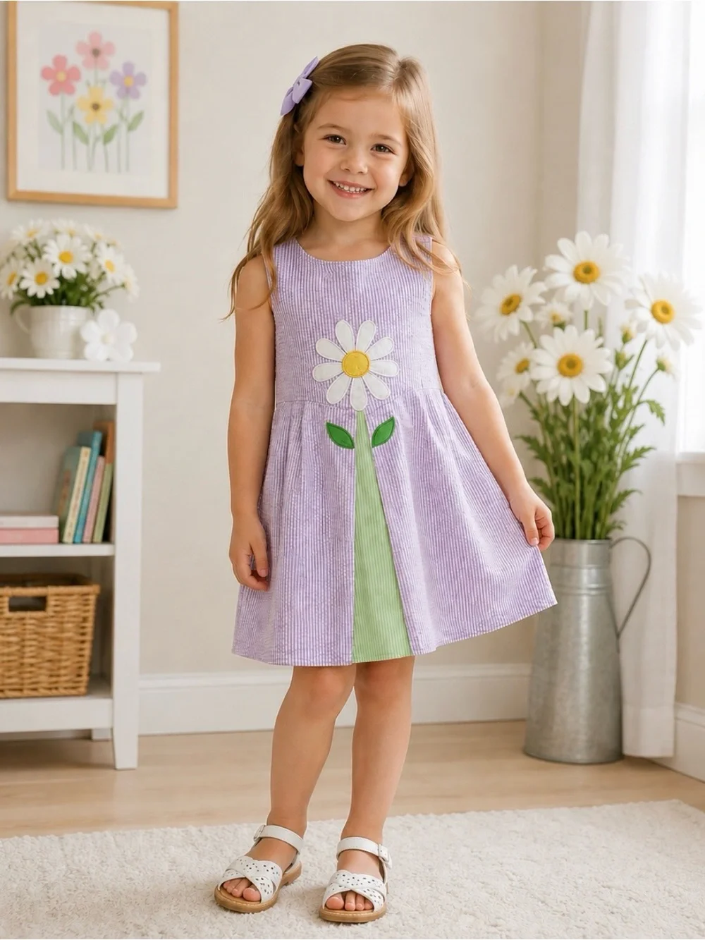 Gymboree Girls Purple and White Striped Daisy Seersucker Shift Dress